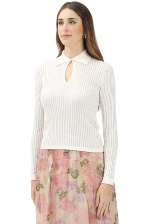 Max Mara Strik, Dame, Hvid, L, Uld, Hvid Ribbet Polo Sweater