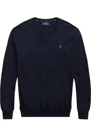 Ralph Lauren Strik, Herre, Blå, XL, Bomuld, Slim Fit V-Neck Polo Sweater
