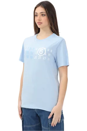 Maison Margiela Top, Dame, Blå, XS, Bomuld, Blå T-shirt med Stamp Numbers grafik