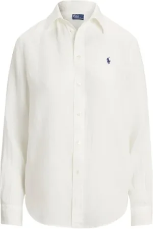 Ralph Lauren Bluser & Skjorter, Dame, Hvid, XL, Linned, Linen Skjorte med Ikonisk Logo
