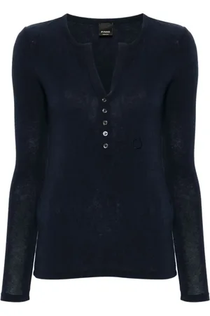 Pinko Strik, Dame, Blå, S, Uld, V-hals sweater med broderet logo