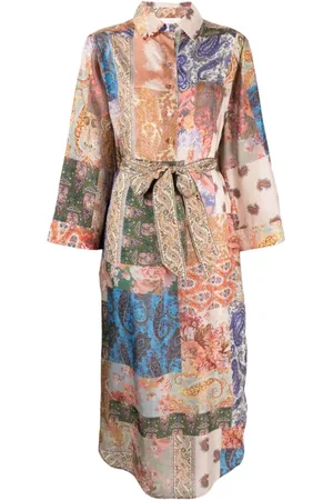 ZIMMERMANN Kjole, Dame, Flerfarvet, M, Patchwork Paisley Silkekjole med Skjortekrave