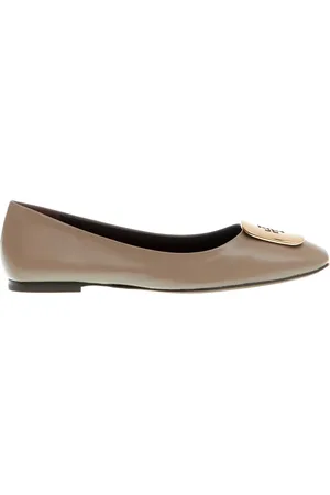 Tory Burch Sko, Dame, Brun, 36 1/2 EU, Læder, Gold Logo Mud Læder Ballerina Sko
