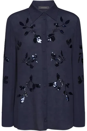 Elena Miro Bluser & Skjorter, Dame, Blå, L, Blomstret Paillet Crepe Viskose Skjorte