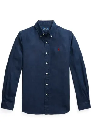 Ralph Lauren Skjorte, Herre, Blå, S, Klassisk Blåt Hørskjorte med Logo