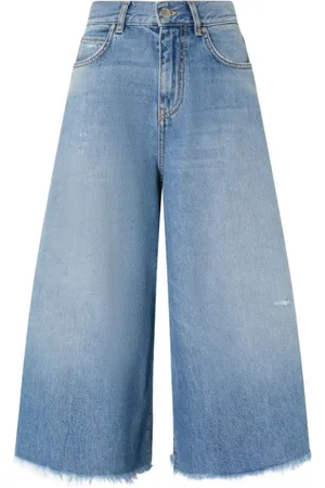 Pinko Jeans, Dame, Blå, W28, Bomuld, Højtaljede flared shorts med frynser