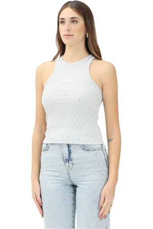Patrizia Pepe Top, Dame, Grå, M, Bomuld, Grå Ribbet Bomuld Top med Rhinestone Detaljer