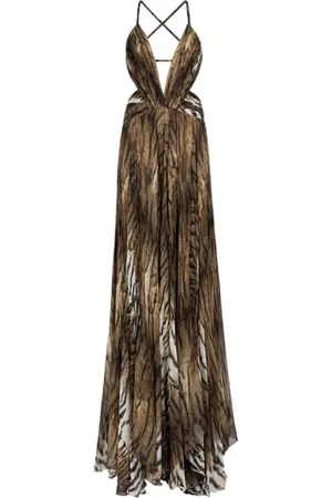Roberto Cavalli Kjole, Dame, Brun, M, Uld, Tiger-Print Maxi Silkekjole