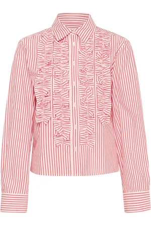 Part Two Bluser & Skjorter, Dame, Rød, M, Bomuld, Rød Stribet Bluse med Flæser