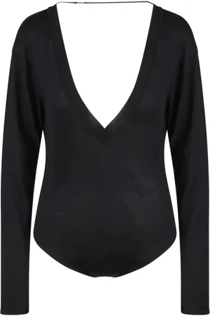 Saint Laurent Top, Dame, Sort, M, Uld, Kashmir Silke Blanding Dyb V-Hals Body