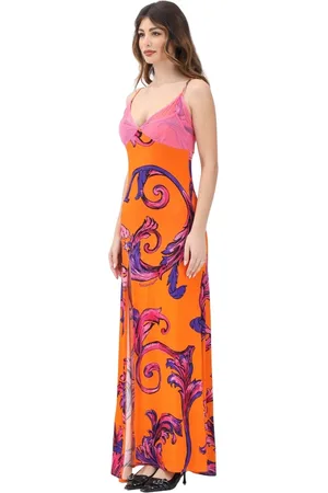 VERSACE Kjole, Dame, Flerfarvet, S, Orange Barok Outline Maxi Kjole
