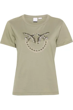 Pinko Top, Dame, Grøn, L, Bomuld, Kortærmet T-shirt med rund hals og rhinstensdekoration
