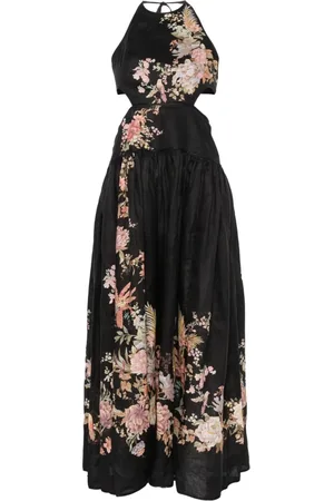 ZIMMERMANN Kjole, Dame, Sort, S, Linned, Blomstret linned halterneck-kjole