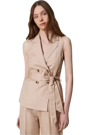 Twin-Set Jakke, Dame, Lyserød, M, Linned, Linned Gilet med Koordineret Bælte