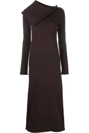 Jil Sander Kjole, Dame, Brun, 2XS, Nylon, Asymmetrisk Maxikjole med Krave