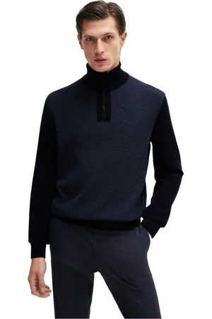 HUGO BOSS Strik, Herre, Blå, 3XL, Uld, Uldsweater med lynlås i kraven