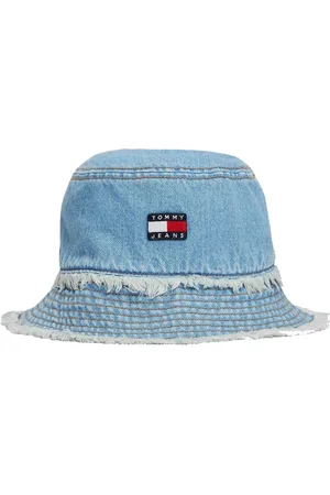 Tommy Hilfiger Tilbehør, Dame, Blå, ONE SIZE, Denim, Denim Bucket Hat med Frynset Kants