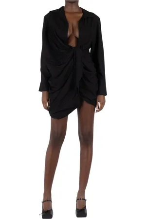 Jacquemus Kjole, Dame, Sort, XS, Sort Draperet Kjole med Spids Krave