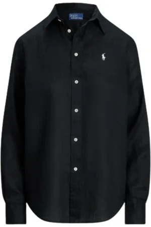 Ralph Lauren Bluser & Skjorter, Dame, Sort, L, Linned, Linned Skjorte Klassisk Pasform