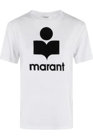 Isabel Marant Top, Dame, Hvid, S, Hvid Hør T-shirt med Fløjl Logo