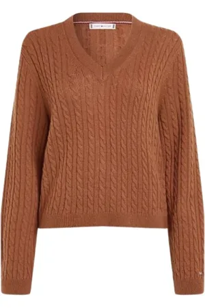 Tommy Hilfiger Strik, Dame, Brun, S, Uld, Twisted Knit V-Neck Sweater