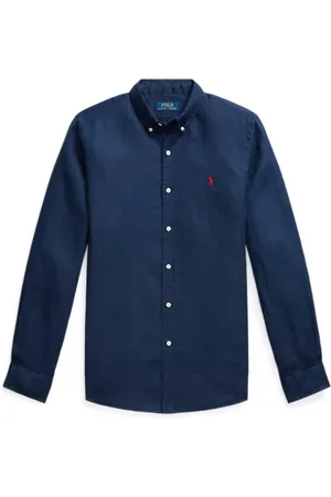 Ralph Lauren Skjorte, Herre, Blå, S, Klassisk Blåt Hørskjorte med Logo