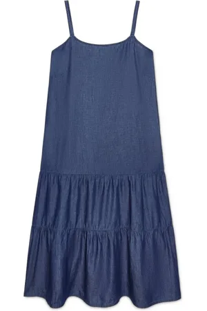 Fiorella rubino Kjole, Dame, Blå, L, Denim, Lang kjole med flæser i let denim