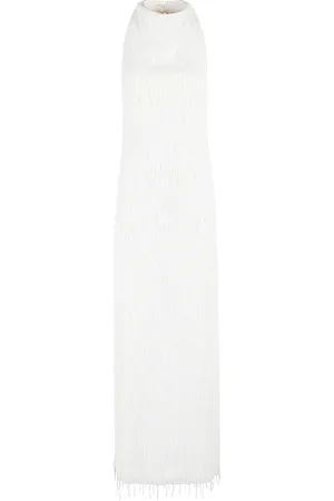 ROTATE Kjole, Dame, Hvid, S, Polyester, Egret Mesh Sequin Fringe Halterneck Kjole