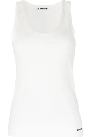 Jil Sander Top, Dame, Hvid, XS, Bomuld, Logo Print Bomuldsærmeløs T-shirt