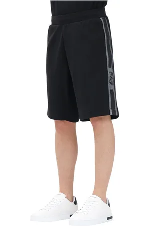 EA7 Shorts, Herre, Sort, S, Bomuld, Sporty Sorte Shorts med Logo Stribe