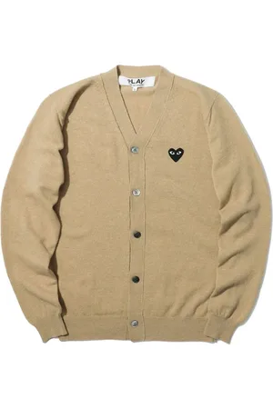 Comme des Garçons Strik, Herre, Brun, 2XL, Uld, Hjerte-patch uld cardigan i beige