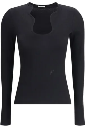 Salvatore Ferragamo Top, Dame, Sort, S, Ribbet langærmet top med broderet logo