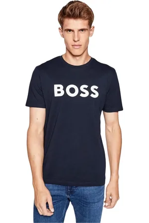 HUGO BOSS Top, Herre, Blå, S, Bomuld, Blåt Trykt Rundhals T-Shirt