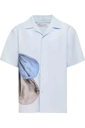 J.W.Anderson Skjorte, Herre, Blå, L, Bomuld, Grafisk Print Camp Collar Skjorte