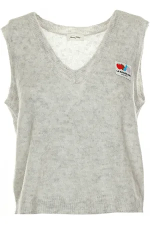 American Vintage Top, Dame, Grå, M/L, Blød V-hals Pullover Trøje