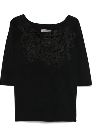 D.EXTERIOR Bluser & Skjorter, Dame, Sort, M, Sort Blondepanel Top, Firkantet Hals