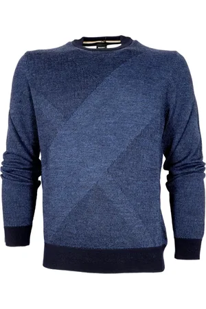 HUGO BOSS Strik, Herre, Blå, M, Uld, To-farvet Jacquard Sweater Blå