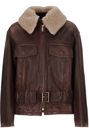Golden Goose Jakke, Dame, Brun, 2XS, Læder, Brun Læder Polstret Jakke med Bouclè Hals