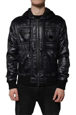 Dolce & Gabbana Jakke, Herre, Sort, L, Nylon, Sort Nylon Hættetrøje Blouson Jakke med Logo