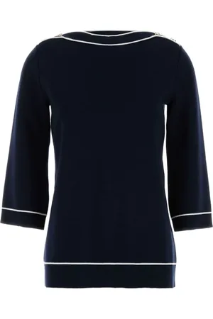 Gucci Strik, Dame, Blå, M, Tyl, Blå Sweater med Logo-Prægede Knapper
