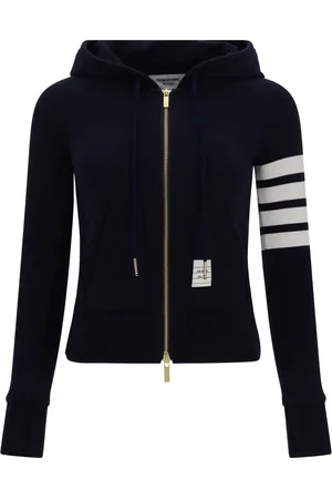 Thom Browne Strik, Dame, Blå, S, Bomuld, 4-Bar Zip Hoodie i Loopback Stof