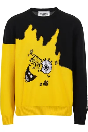 Iceberg Strik, Herre, Gul, 2XL, Bomuld, Bomuld Crewneck Sweater med mønster og Spongebob Inlay