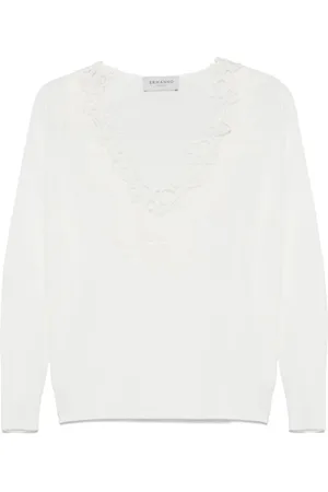 ERMANNO SCERVINO Strik, Dame, Hvid, S, Bomuld, Hvid V-Hals Broderet Sweater