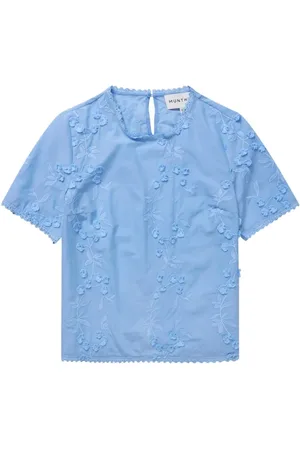 Munthe Bluser & Skjorter, Dame, Blå, S, Bomuld, Blå Blomstret Broderet T-shirt