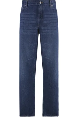 Ermenegildo Zegna Jeans, Herre, Blå, W40, Læder, Straight Leg Jeans med Lædermærke