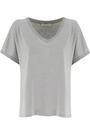 LE TRICOT PERUGIA Top, Dame, Grå, L, Bomuld, Paillet T-shirt med lysende elegance