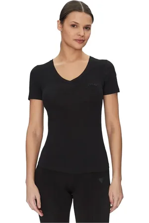 Guess Top, Dame, Sort, S, Bomuld, Slim V-hals T-shirt - Sort