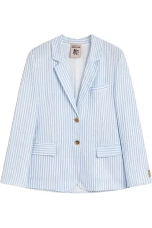 SEMICOUTURE Jakke, Dame, Blå, XS, Linned, Stribet Linned Blazer Jakke