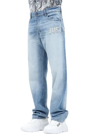 Roberto Cavalli Jeans, Herre, Blå, W34, Bomuld, Blå Lige Snit Frynset Broderede Jeans