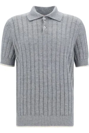 Brunello Cucinelli Top, Herre, Grå, 3XL, Linned, Ribbet Linned Polo Skjorte